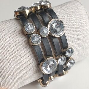 Black Faux Leather Bracelet Chunky Cuff Multi Strand Rhinestone Magnetic Gold
